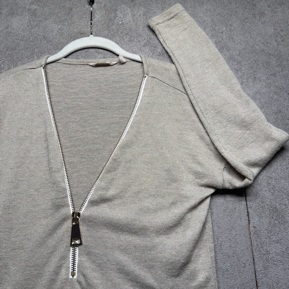 Beige Half Zip Knit Top Womens Small Long Sleeve Lightweight Minimalist